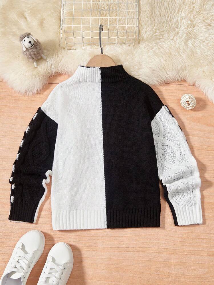 Tween Girl Two Tone Mock Neck Drop Shoulder Sweater
