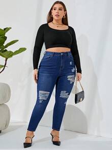 SHEIN Privé Plus Ripped Skinny Jeans - Blue - View 6