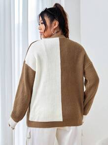 SHEIN EZwear Talla grande Cárdigan de dos tonos de hombros caídos - Marrón - Ver 2