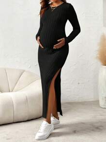 SHEIN Maternity Split Thigh Ribbed Knit Dress With Long Sleeve - Black - View 4