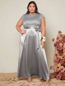 SHEIN Belle Plus Solid Belted Satin Dress - Light Grey - View 2