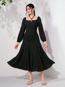 Modelyn Tie Back Ruched Ruffle Hem Dress Long Evening Dresses - Black - View 5