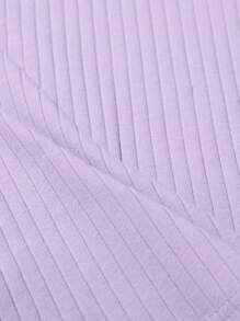 SHEIN Essnce Cổ chữ V Gân đan Áo phông trơn - Màu tím hoa cà - Xem 4