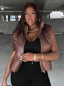 Slaydiva Zip Up PU Leather Vest Padded Coat - Brown - View 4