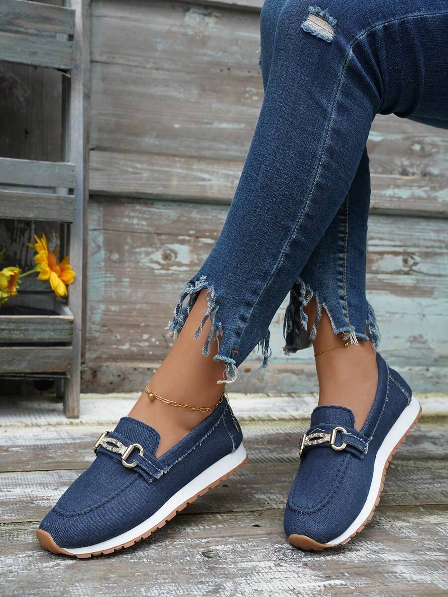 女性藍色的休閒一腳蹬運動鞋帶戶外帆布&牛仔元素和軟底適用於學校&度假,平跟