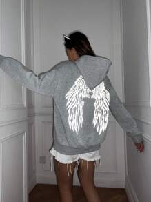SHEIN Unity 翅膀印花落肩連帽衫 - 灰色 - 查看 3