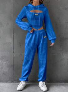 SHEIN EZwear Letter Patched Detail Cutout Drawstring Hoodie & Sweatpants - Blue - View 5