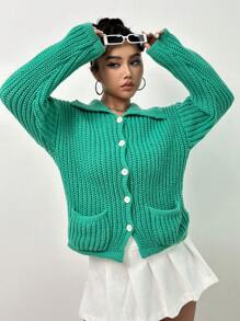 Flirla Dual Pocket Drop Shoulder Cardigan - Green - View 4