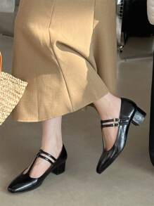 女士珍風格方頭帶扣厚底單鞋,帶扣裝飾芭蕾平底鞋,法式風格,適用於春夏秋季戶外穿著,黑色 - 黑色 - 查看 2