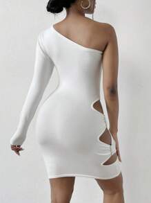 SHEIN Unity One Shoulder Cut Out Side Bodycon Sweater Dress - White - View 2