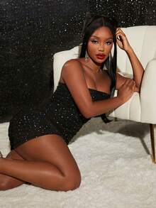 Slaydiva Sequin Detail Ruched Tube Bodycon Dress - Black - View 3