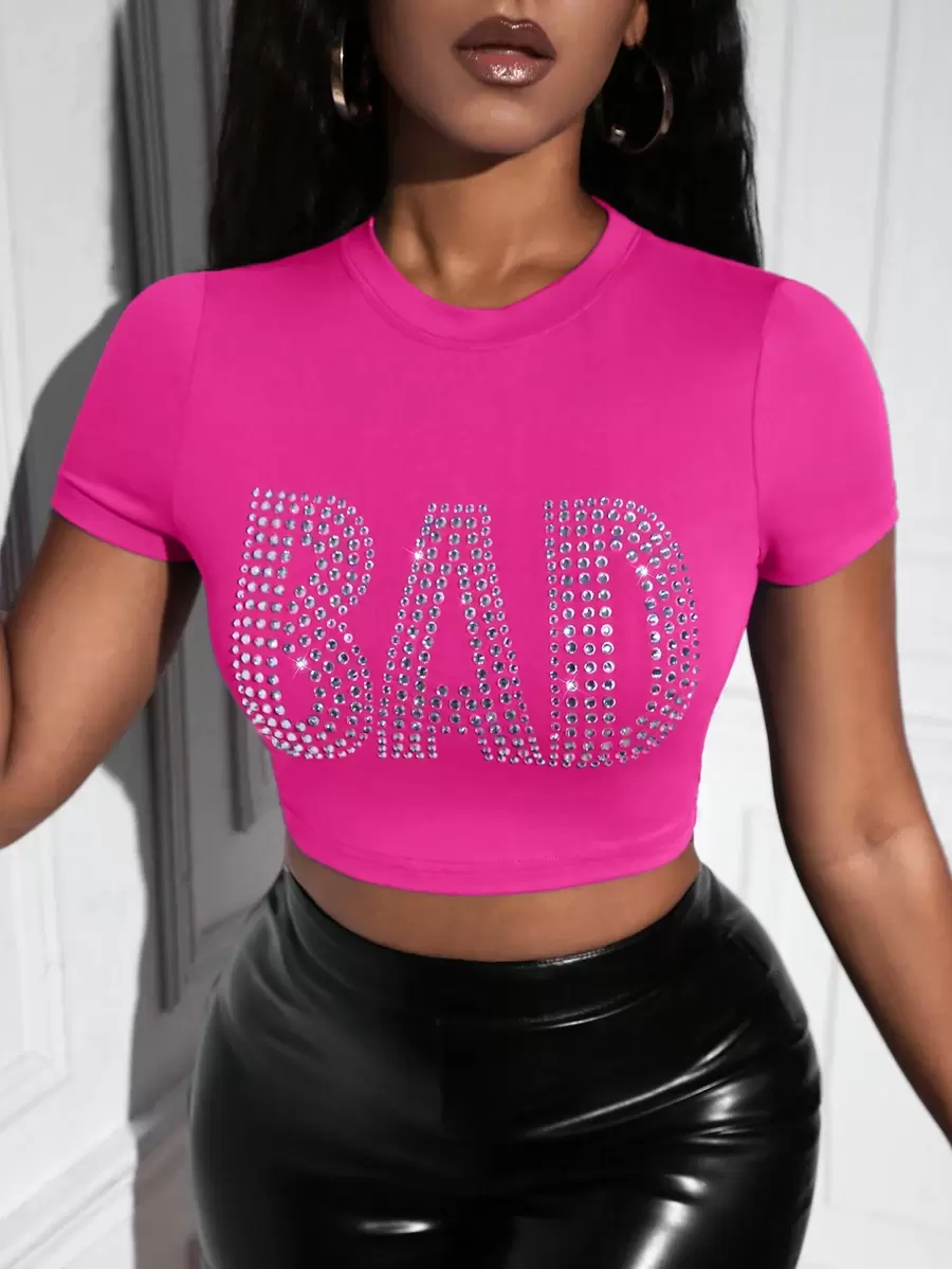 Slaydiva Rhinestone Letter Pattern Crop Tee - Hot Pink - View 1
