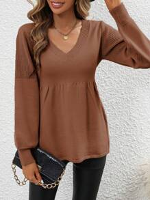 SHEIN LUNE 纯色V领荷叶边针织套头衫秋冬毛衣 - 咖啡棕 - 查看 3