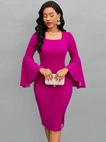 SHEIN Lady Flounce Sleeve Split Thigh Bodycon Dress - Hot Pink - View 5