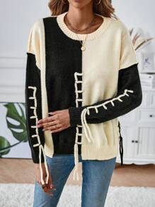 SHEIN LUNE Two Tone Lace Up Front Drop Shoulder Sweater