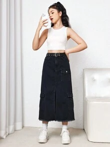 SHEIN 青少年女孩翻蓋口袋高衩毛邊牛仔半身裙 - 黑色 - 查看 4