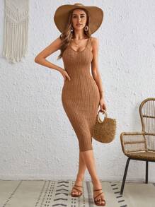 SHEIN VCAY Solid Pointelle Knit Sweater Dress