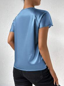 Twist Front Asymmetrical Neck Satin Blouse,Short Sleeve Tops - Blue - View 2