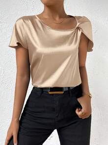 Blusa de satén con detalle de giro asimétrico en el cuello, blusa de manga corta - Champán - Ver 3