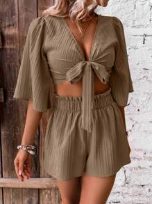SHEIN VCAY Knot Front Flounce Sleeve Crop Top & Paperbag Waist Shorts - Khaki - View 5