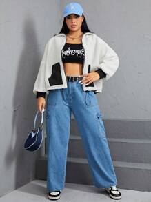 SHEIN EZwear Plus Drawstring Hem Contrast Collar Teddy Jacket