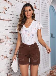 SHEIN Essnce Rách Raw Hem Rách Quần short Denim - Rỉ Nâu - Xem 5