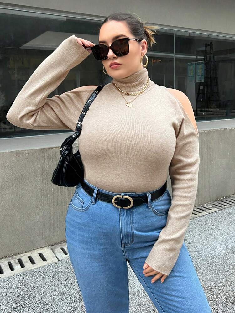 Plus Turtleneck Cold Shoulder Sweater