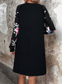SHEIN LUNE Floral Print Raglan Sleeve Hidden Pocket Dress - Black - View 2