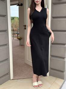 DAZY Solid V Neck Dress - Black - View 2