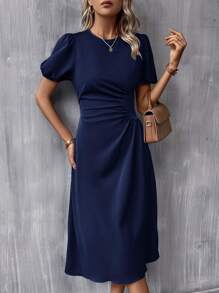 SHEIN Clasi Solid Ruched Puff Sleeve A-line Dress - Navy Blue - View 6