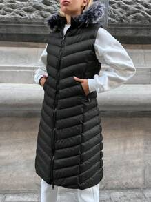 SHEIN Cottnline Túi xéo Trang trí Fuzzy áo có mũ Áo gi lê Lông vũ - màu đen - Xem 3