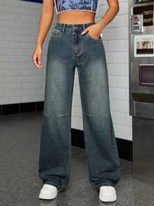 SHEIN ICON Mid Waist Wide Leg Jeans - Dark Wash - View 6