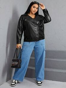 SHEIN EZwear Plus Zip Up Belted PU Leather Moto Jacket - Black - View 3