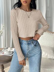 SHEIN EZwear 素色羅紋針織短款T恤 - 杏色 - 查看 1