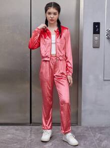 Teen Girl Zip Up Velvet Hoodie & Pants - Hot Pink - View 5