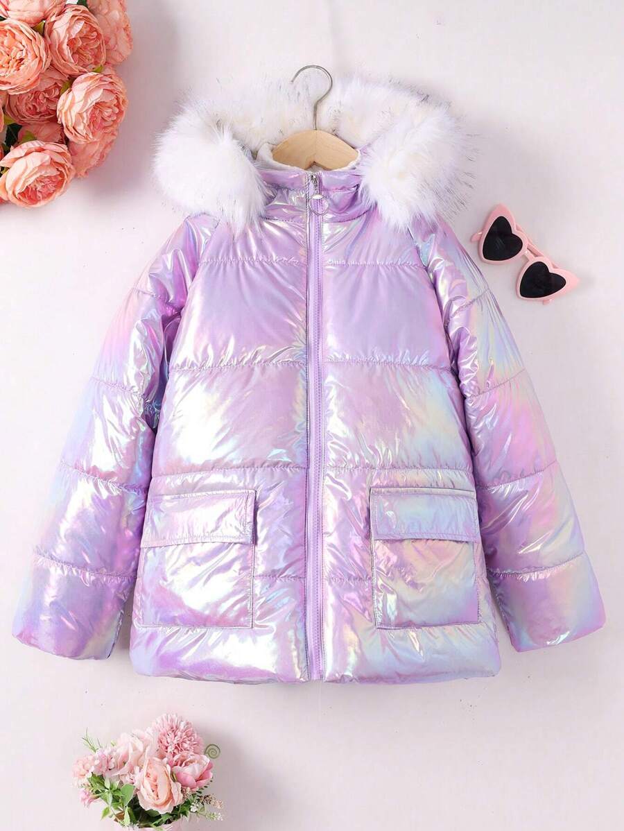 SHEIN Tween Girl Flap Pocket Fuzzy Trim Hooded Holographic Padded Coat