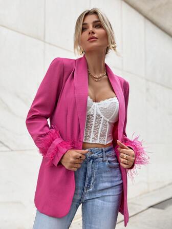 SHEIN Privé Shawl Collar Fuzzy Cuff Single Button Blazer