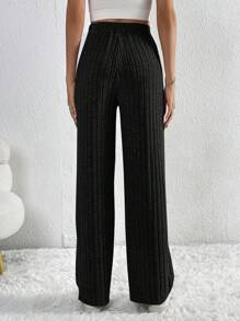 SHEIN Tall 腰部打結條紋針織長褲 - 黑色 - 查看 2