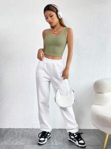 SHEIN EZwear Solid Crop Tank Top - Army Green - View 5