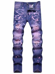 Men Splash Ink Print Ripped Frayed Bleach Wash Jeans - Purple - View 1