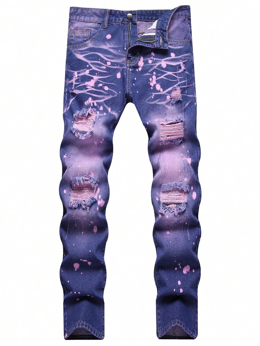 Men Splash Ink Print Ripped Frayed Bleach Wash Jeans - Purple - View 1