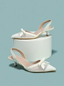 Zapatos individuales de tacón alto para mujer con correa con lazo - Blanco - Ver 4