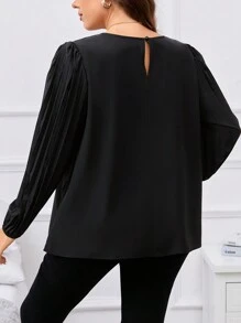 SHEIN Clasi Hơn Chất rắn Xếp li Tay áo lồng đèn Áo sơ mi - màu đen - Xem 2