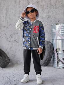 Young Boy Camo Print Letter Graphic Striped Trim Varsity Jacket Without Hoodie - Multicolor - View 4