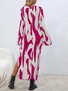 SHEIN LUNE Graphic Print Bell Sleeve Dress - Red - View 2