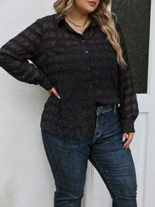 SHEIN LUNE Plus Solid Button Front Blouse - Black - View 4