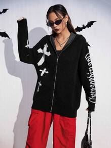 SHEIN EZwear 字母圖案落肩袖連帽開襟衫 - 黑色 - 查看 4