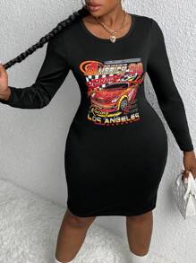 Slaydiva Talla grande Vestido ajustado con estampado de coche y letra - Negro - Ver 4
