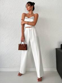 RueChic Solid Zipper Fly Straight Leg Pants - White - View 5