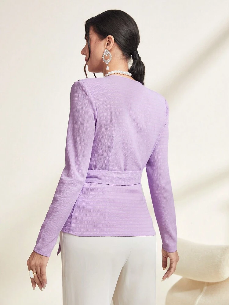 Solid Wrap Belted Blouse